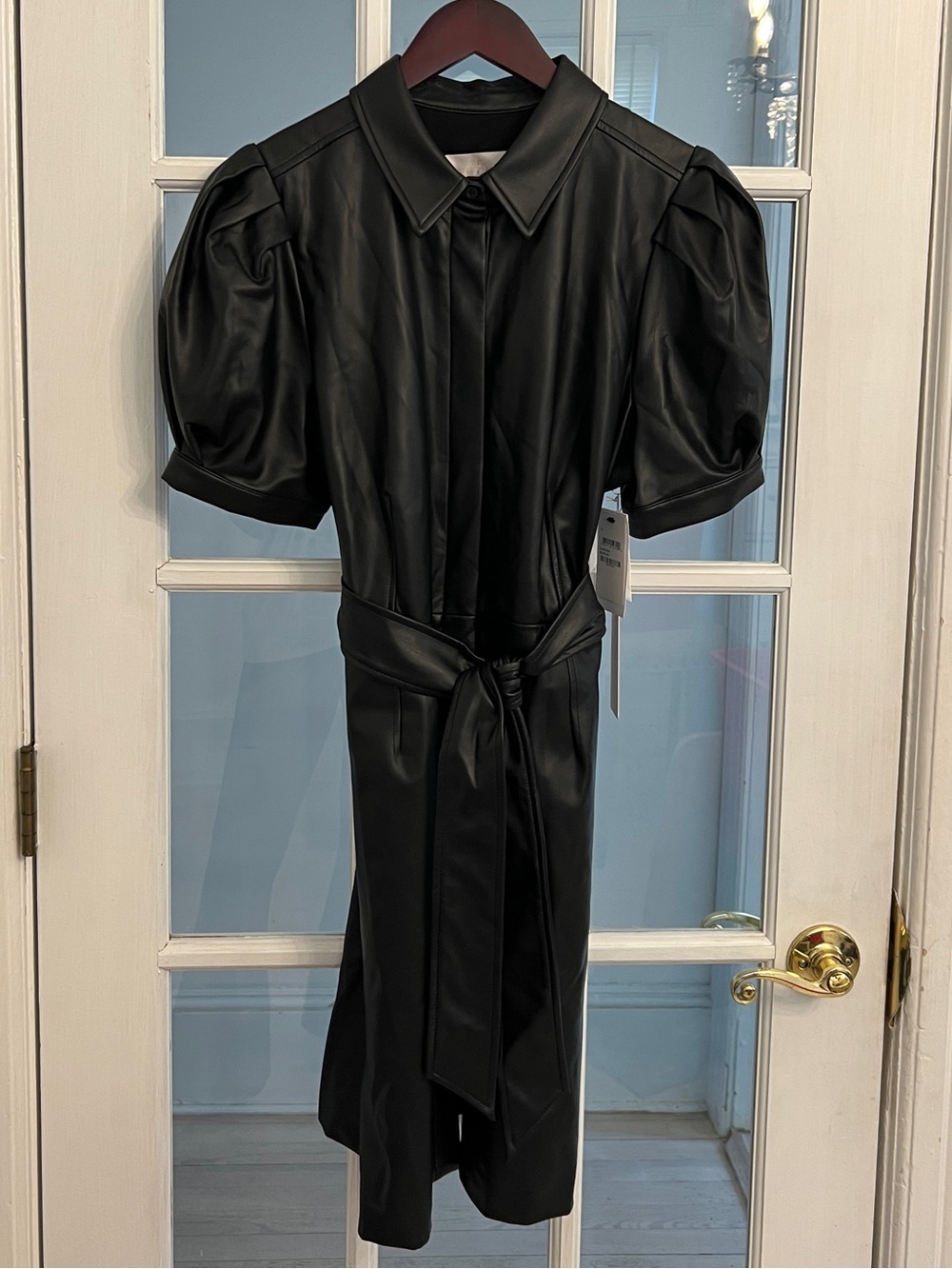 RACHEL PARCELL Women’s Faux Leather Puff Sleeve Belted Shirt Dress Black L NWT